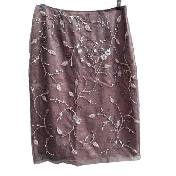 Vtg Rickie Freeman Skirt Formal Overlay Floral Beaded Embroidered Brown Sz 6 - Picture 6 of 11